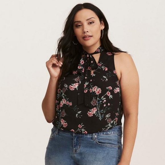 Torrid Plus Size Black Floral Print Georgette Tie Neck Blouse - Picture 1 of 3